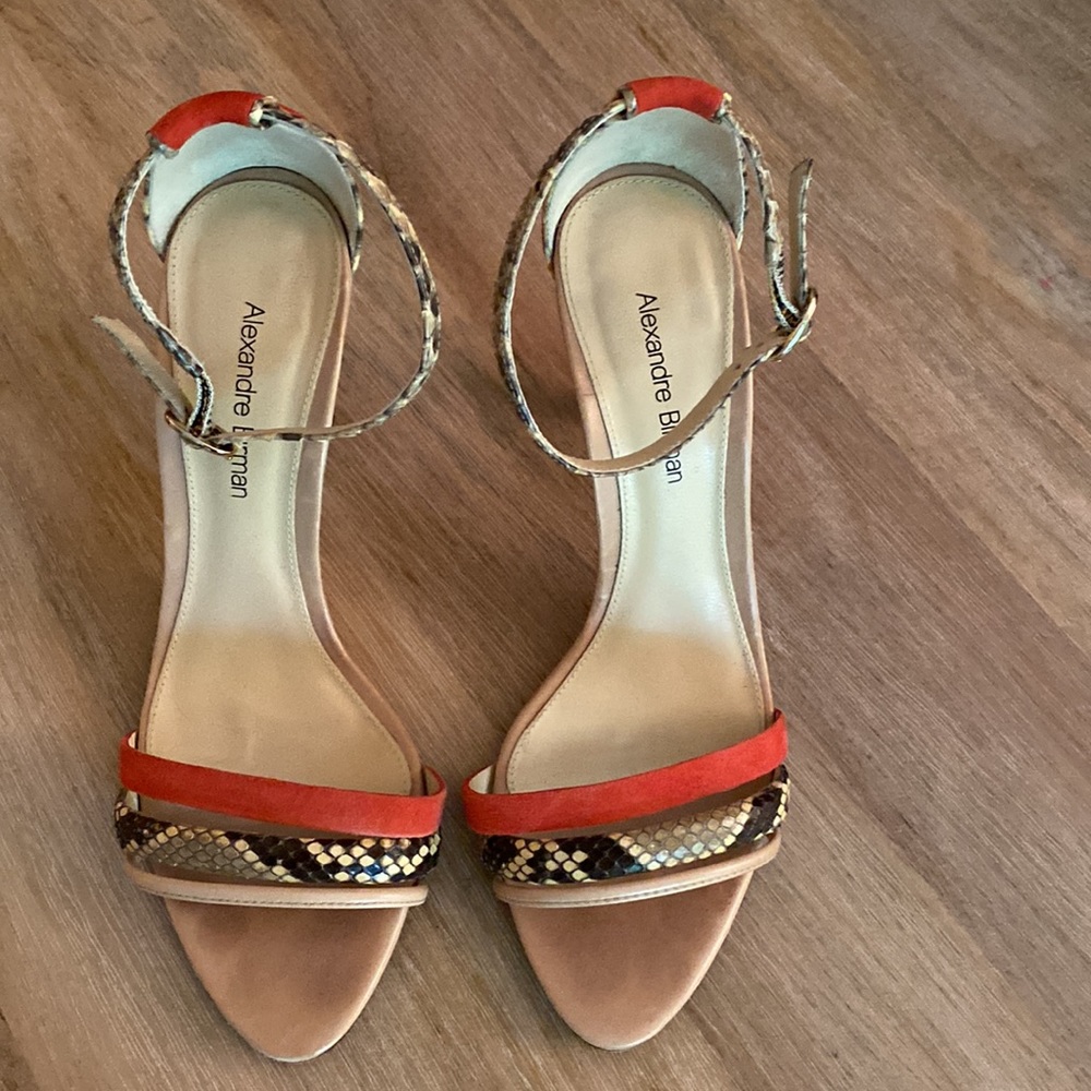 Alexandre Birman Orange Suede, Tan Leather and Brown Lizard Sandal.